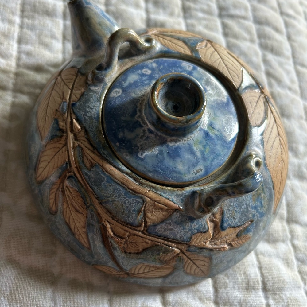 Blue and Brown Ceramic Art Teapot with Botanical Design - Picture 8 of 9